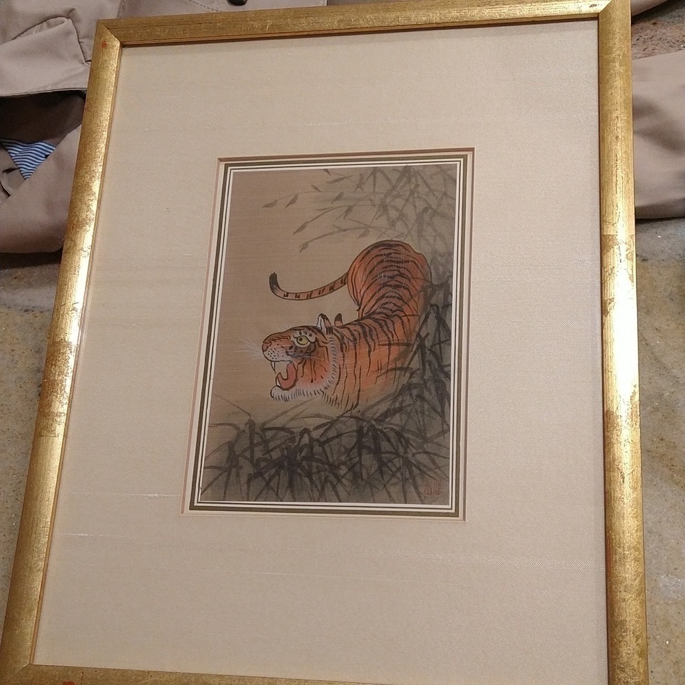Vintage 1970s Japanese hand-painted on silk tiger signed 12 x 15"
